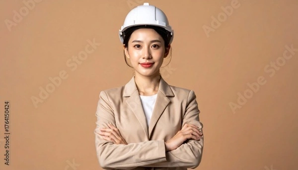 Obraz Confident Asian Female Engineer in Hard Hat with Arms Crossed with Beige Backdrop.