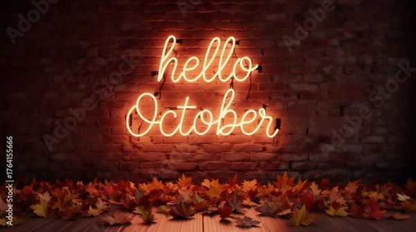 Fototapeta vibrant neon october sign illuminated against a dark brick wall with scattered autumn foliage | autumn, fall, greeting, celebration, holiday theme