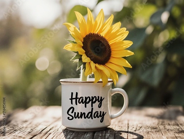 Fototapeta warm morning coffee mug with vibrant yellow flower, cheerful sunday vibes | breakfast, relax, greeting, lifestyle, weekend theme