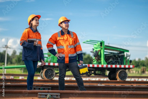 Fototapeta Construction engineer inspecting railway track industrial documents in hand while examining rail structure closely construction, safety and professional project management transportation development.