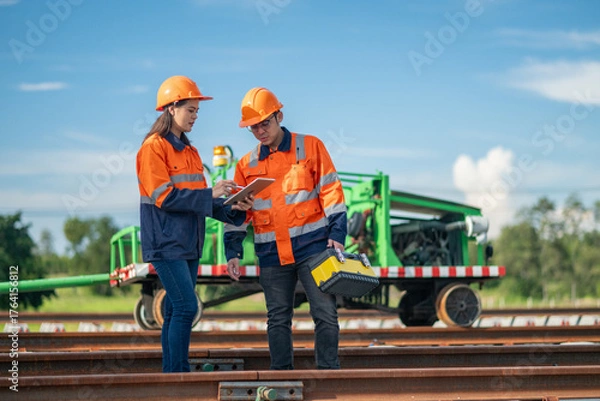 Fototapeta Construction engineer inspecting railway track industrial documents in hand while examining rail structure closely construction, safety and professional project management transportation development.