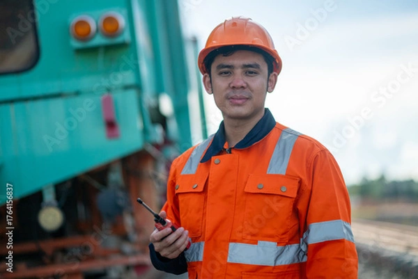 Fototapeta Construction engineer inspecting railway track industrial documents in hand while examining rail structure closely construction, safety and professional project management transportation development.