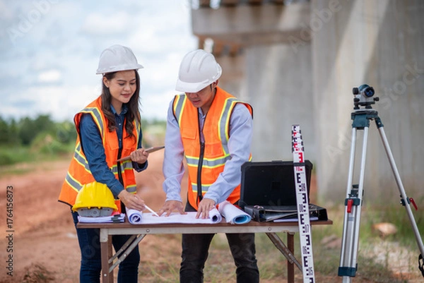 Fototapeta Engineers surveyor wearing helmets and reflective vests discuss construction blueprints work site surveying tripod and measurement equipment infrastructure or bridge construction industry.