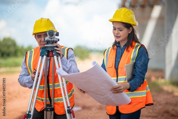 Fototapeta Engineers surveyor wearing helmets and reflective vests discuss construction blueprints work site surveying tripod and measurement equipment infrastructure or bridge construction industry.