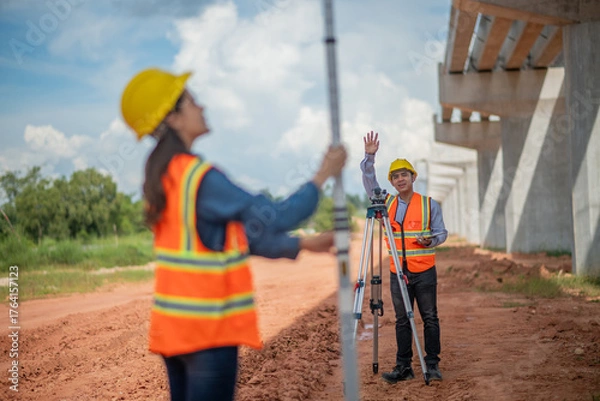 Fototapeta Engineers surveyor wearing helmets and reflective work site surveying tripod and measurement equipment infrastructure or bridge construction industry.
