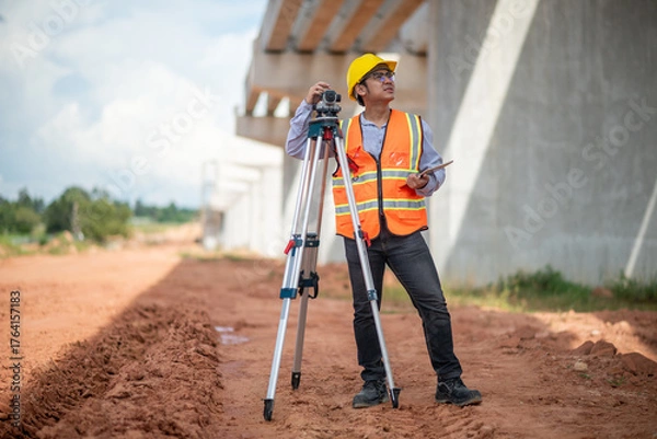 Fototapeta Engineers surveyor wearing helmets and reflective work site surveying tripod and measurement equipment infrastructure or bridge construction industry.