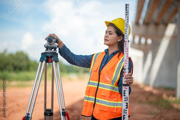 Fototapeta Engineers surveyor wearing helmets and reflective work site surveying tripod and measurement equipment infrastructure or bridge construction industry.