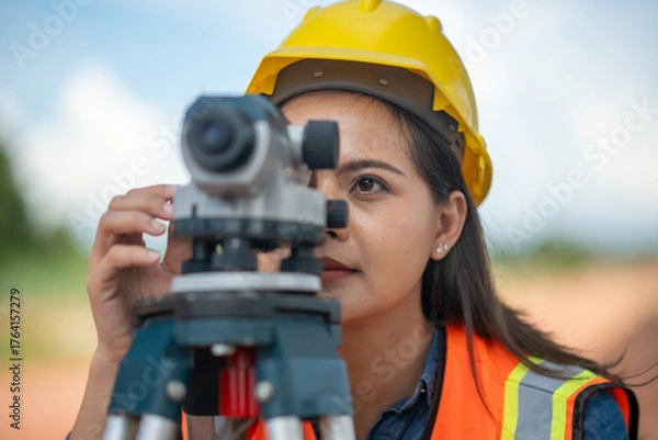 Fototapeta Engineers surveyor wearing helmets and reflective work site surveying tripod and measurement equipment infrastructure or bridge construction industry.