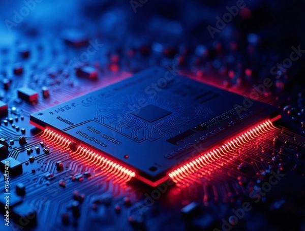 Fototapeta complex circuit board with glowing microchip and intricate detail | technology, science, innovation, future, engineering theme