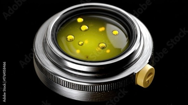 Fototapeta Close-Up View of Oil Droplets with a Metallic Ring and Black Background for Creative and Artistic Purposes