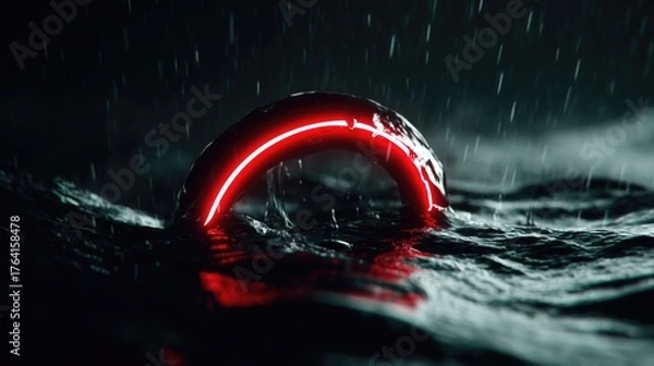 Fototapeta Glowing Red Ring Floating on Water Surface with Rainfall and Dark Background in a Mysterious Atmosphere