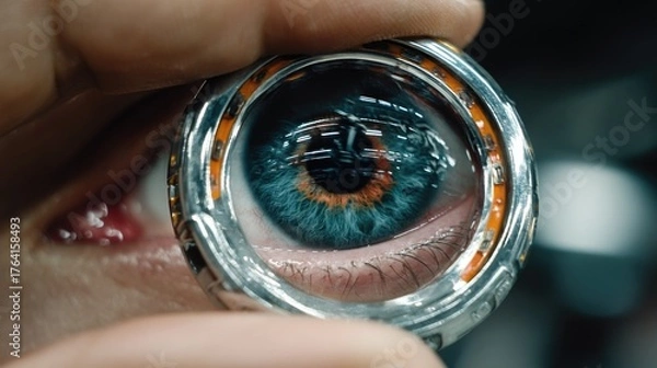 Fototapeta Close-Up View of Human Eye Through Magnifying Glass Showcasing Colorful Iris and Detailed Structures