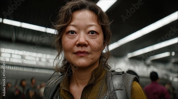 Fototapeta Close-up Portrait of a Woman with Natural Makeup in a Futuristic Urban Environment