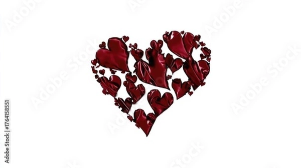 Fototapeta Red satin hearts arranged in a large heart shape on a white background for romantic themes and designs