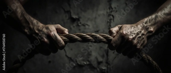 Obraz close-up of hands gripping a rope in intense struggle, monochrome paper texture background | business, competition, challenge, strength, determination theme