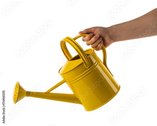 Fototapeta Hand holding bright yellow watering can, ready to nurture plants and gardens with a touch of vibrant color and care