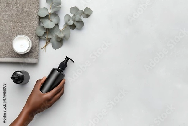 Fototapeta Minimal Spa Skincare Setup with Hand Holding Pump Bottle on Soft Gray