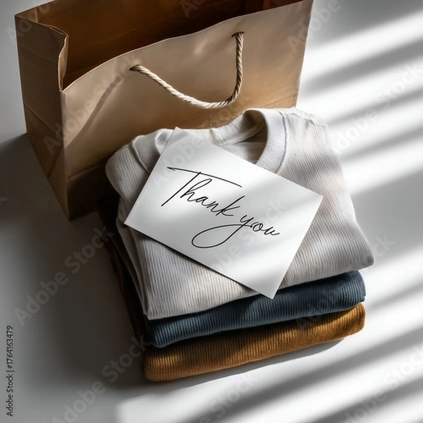 Fototapeta Grateful Gesture – Folded Clothes and Thank You Card in Soft Light