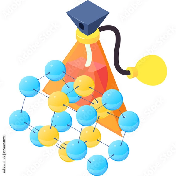 Fototapeta Abstract molecular structure simulation with glowing scientific light beam originating from a hexagonal prism apparatus with illuminated bulb on transparent background