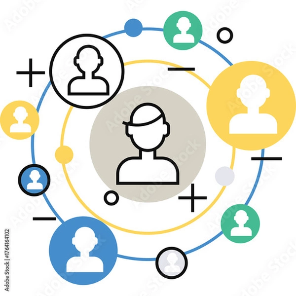 Fototapeta Abstract Network Of People Icons Connected In Circles With Blue Yellow And Gray Accents On Transparent Background Representing Teamwork And Connection