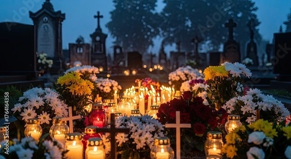 Fototapeta Serene cemetery scene at dusk filled with glowing candles and vibrant flowers adorning gravestones, evoking remembrance and peaceful reflection on All Saints' Day and All Souls' Day.