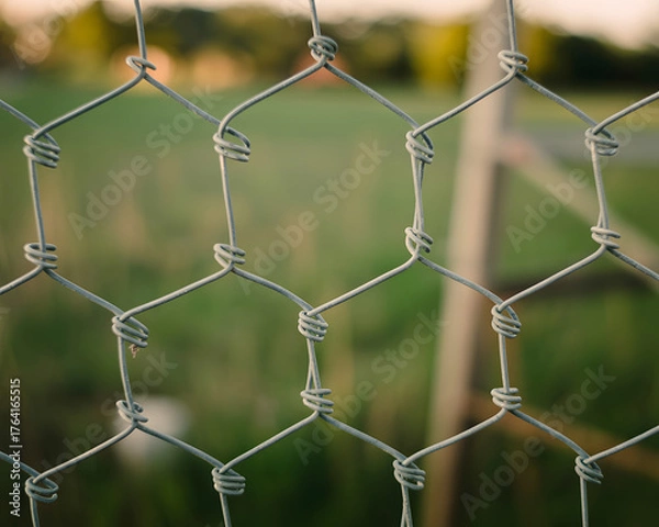 Fototapeta Intricate wire mesh fence detail offers a blurred green background, creating a modern, abstract texture perfect for design projects