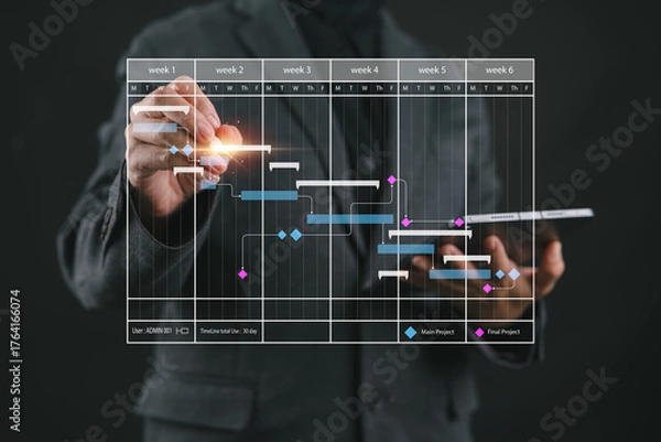 Fototapeta Project manager working with Gantt chart schedule to plan tasks and deliverables. Scheduling activities with a planning software, Corporate strategy for finance, operations, sales, marketing.