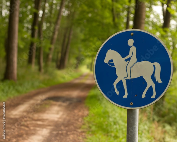 Fototapeta Equestrian trail sign guides riders through a lush green forest path creating a sense of adventure and freedom