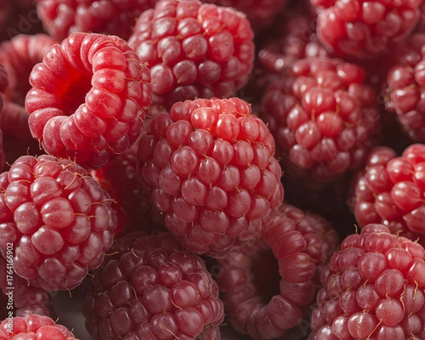 Fototapeta Vibrant, juicy raspberries glistening with natural dew, bursting with fresh flavor for healthy eating and gourmet recipes