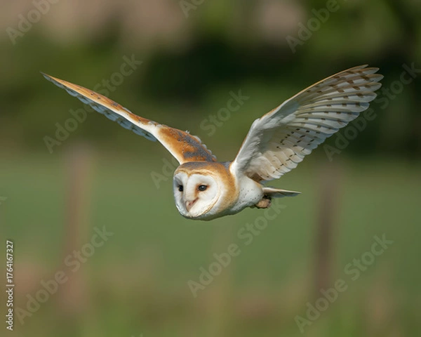 Fototapeta Majestic Barn Owl soaring gracefully through a sunlit meadow showcasing its intricate feather details and silent flight