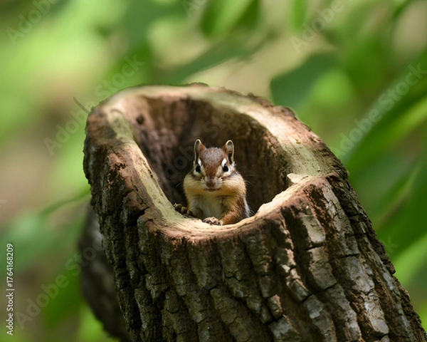 Fototapeta Curious chipmunk peeks out from cozy tree hollow, a delightful moment of wildlife discovery in nature's embrace