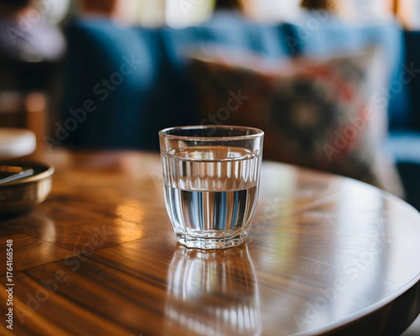 Fototapeta Refreshing clear water in a textured glass on a polished wooden table evokes calmness and simple elegance.