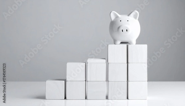 Obraz Piggy bank on ascending blocks with financial growth, investment, and saving money concept.