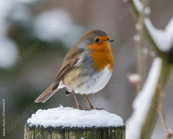 Fototapeta Charming robin perched on a snow-covered post amidst a serene winter landscape, a perfect symbol of resilience and nature's beauty