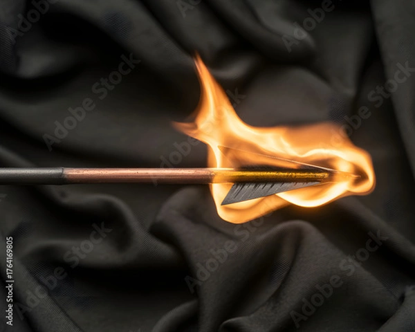 Fototapeta Dynamic flaming arrow launching forward with intense fire against dark textured background symbolizing power and progress