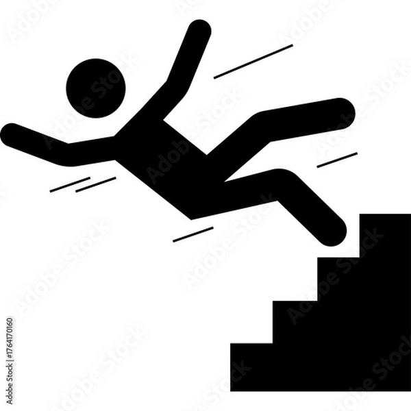 Fototapeta Black Icon Of A Person Falling Down Stairs On White Background With Motion Lines Indicating Speed And Danger