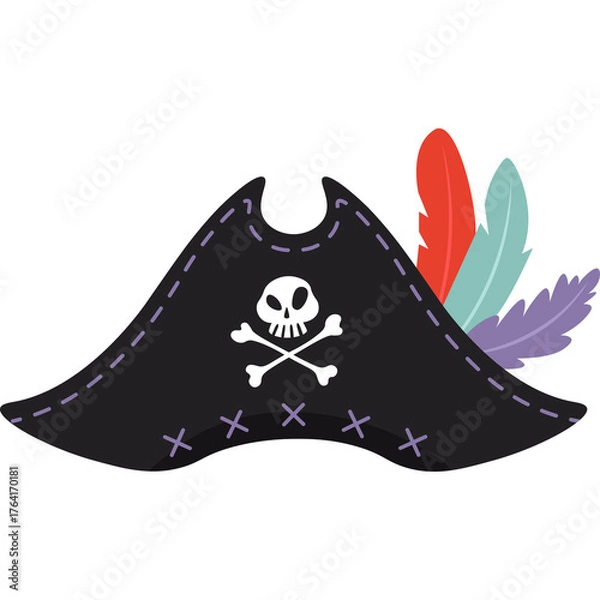 Fototapeta Black Pirate Hat With Skull And Crossbones Emblem And Colorful Feathers Decorations On White Background