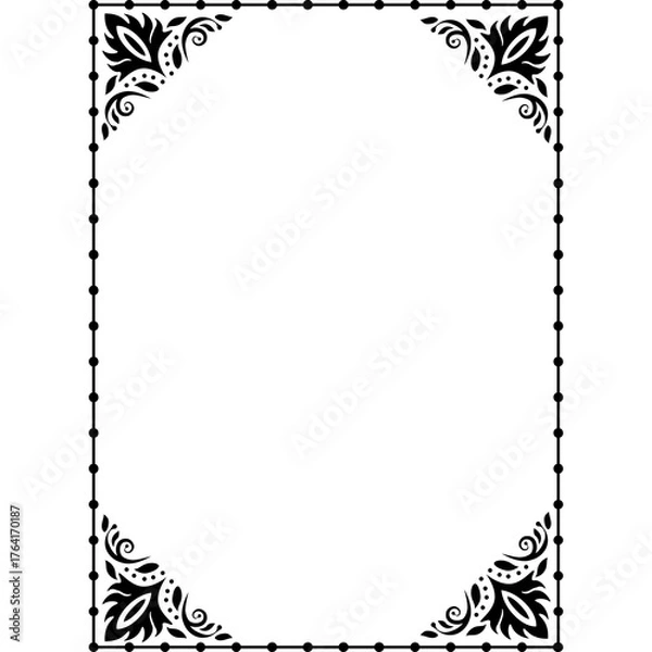 Fototapeta Black Ornate Decorative Border With Corner Flourishes And Dot Pattern On Transparent Background