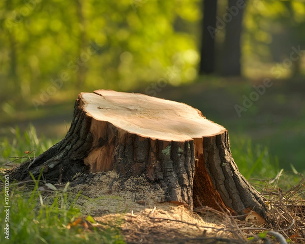 Fototapeta Freshly cut tree stump bathed in warm sunlight, showcasing natural wood grain and rustic texture in a serene forest setting