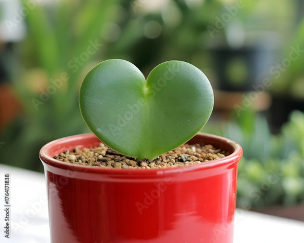 Fototapeta Vibrant heart-shaped succulent thrives in a glossy red pot, symbolizing love and growth in a lush green garden oasis.