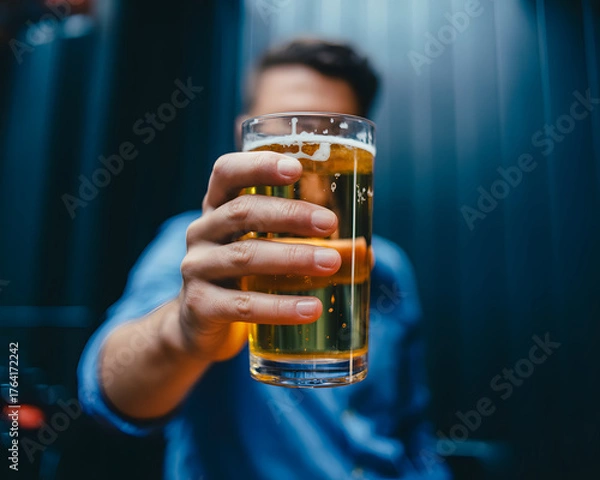Fototapeta Man confidently offers refreshing cold beer in a toast, showcasing crisp golden lager with perfect foam