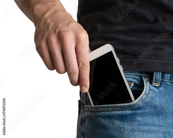 Fototapeta Man's hand smoothly slips smartphone into blue denim jeans pocket, showcasing modern convenience and everyday style