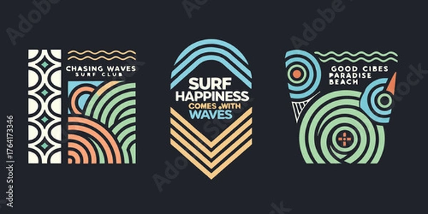 Fototapeta Three retro surf inspired graphic designs with text and abstract wave patterns