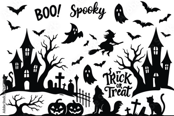 Fototapeta halloween ghosts set line art silhouette vector illustration. Demon silhouettes set, evil pack of vector silhouette design. Collection of halloween bats eps 10.