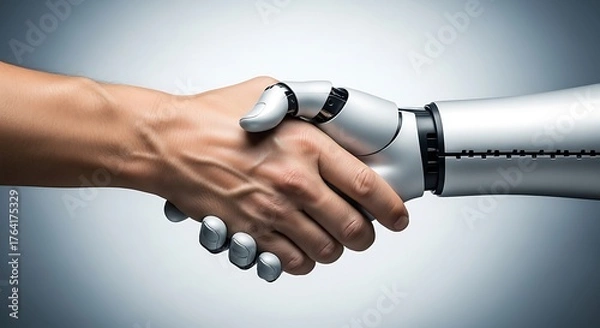 Fototapeta Innovative Handshake Between Human and Robot Signifying the Future of Artificial Intelligence, Technological Advancement, and Collaborative Progress in a Modern World