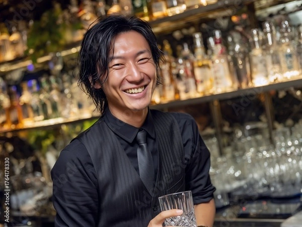 Obraz バーのカウンターでグラスを持ち笑顔を見せる黒いシャツ姿の日本人男性バーテンダー