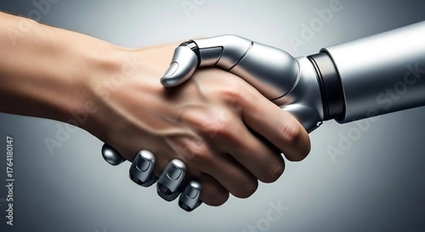 Fototapeta Human and Artificial Intelligence Collaboration A Handshake of Technology and Humanity