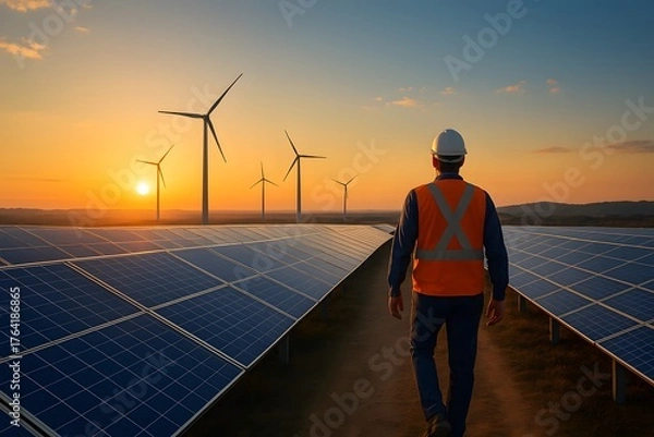 Fototapeta Futuristic renewable energy city with solar panels and wind turbines