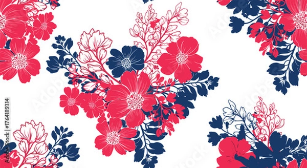 Fototapeta Elegant botanical illustration of red and blue flowers on a white background.