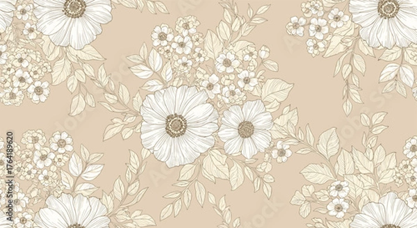 Fototapeta Elegant Floral Pattern with White and Beige Flowers.